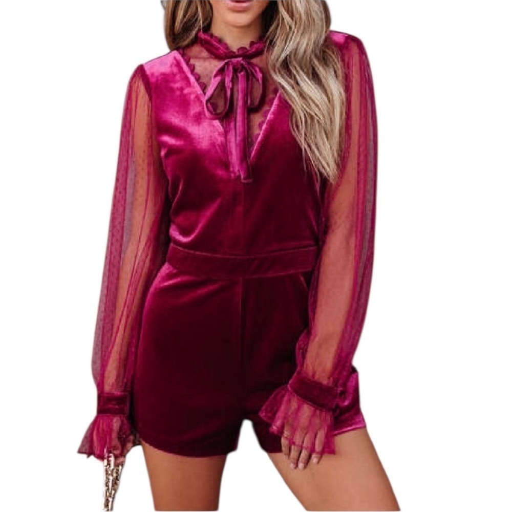 NWT Anthropologie Endless Rose Velvet and Lace Romper Wine Size S - Picture 2 of 12